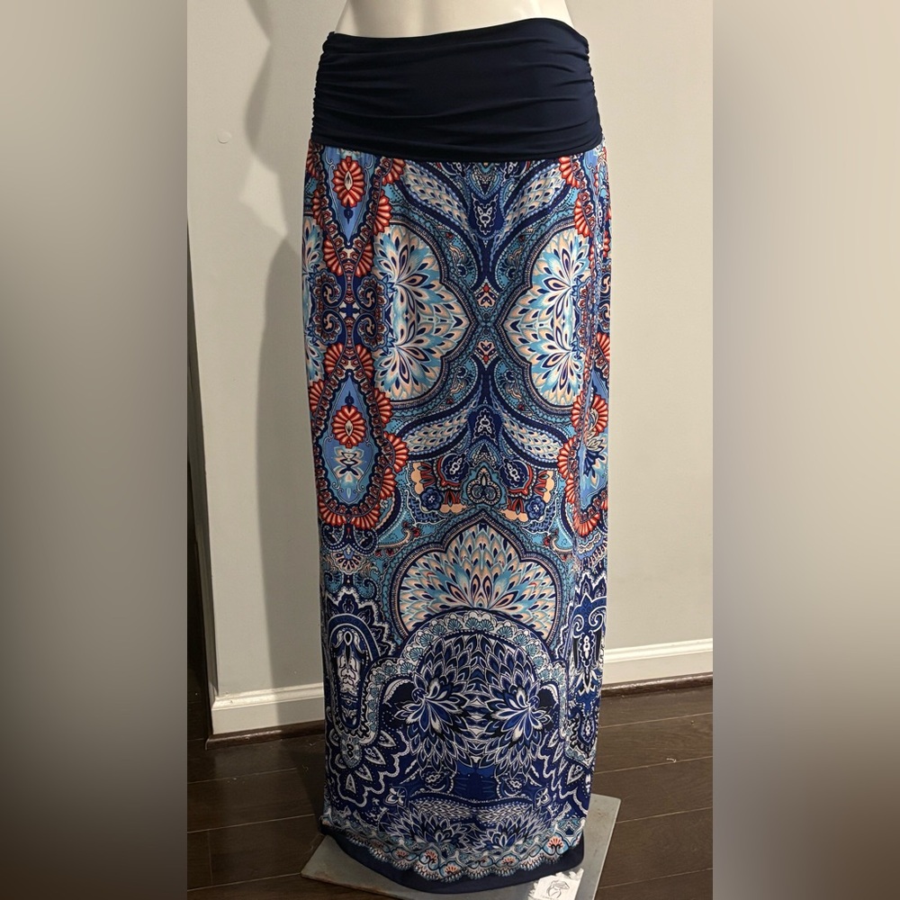 Apt. 9 Navy, Light Blue & Coral Paisley Maxi Skirt